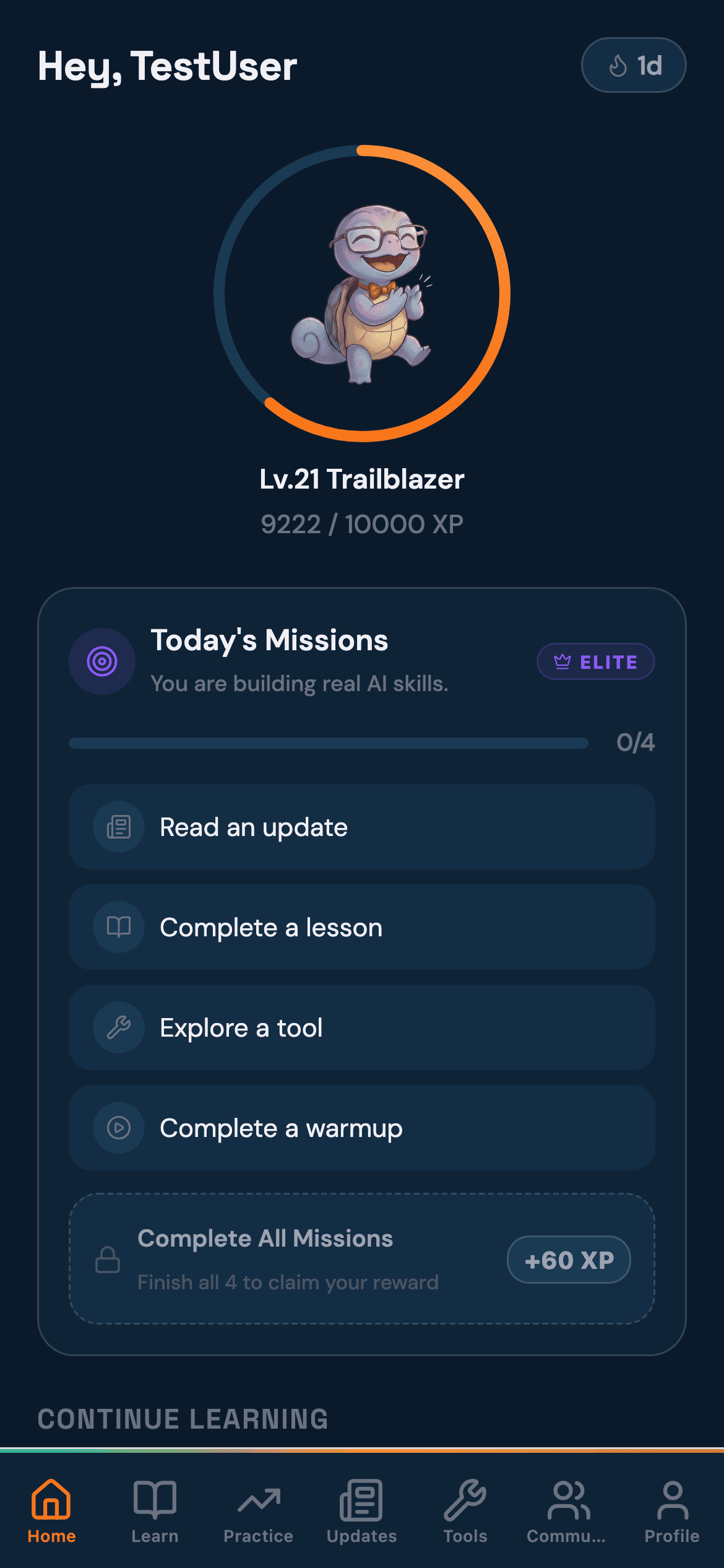 WiseAI Home — daily missions, streaks, and Wurtle the mascot