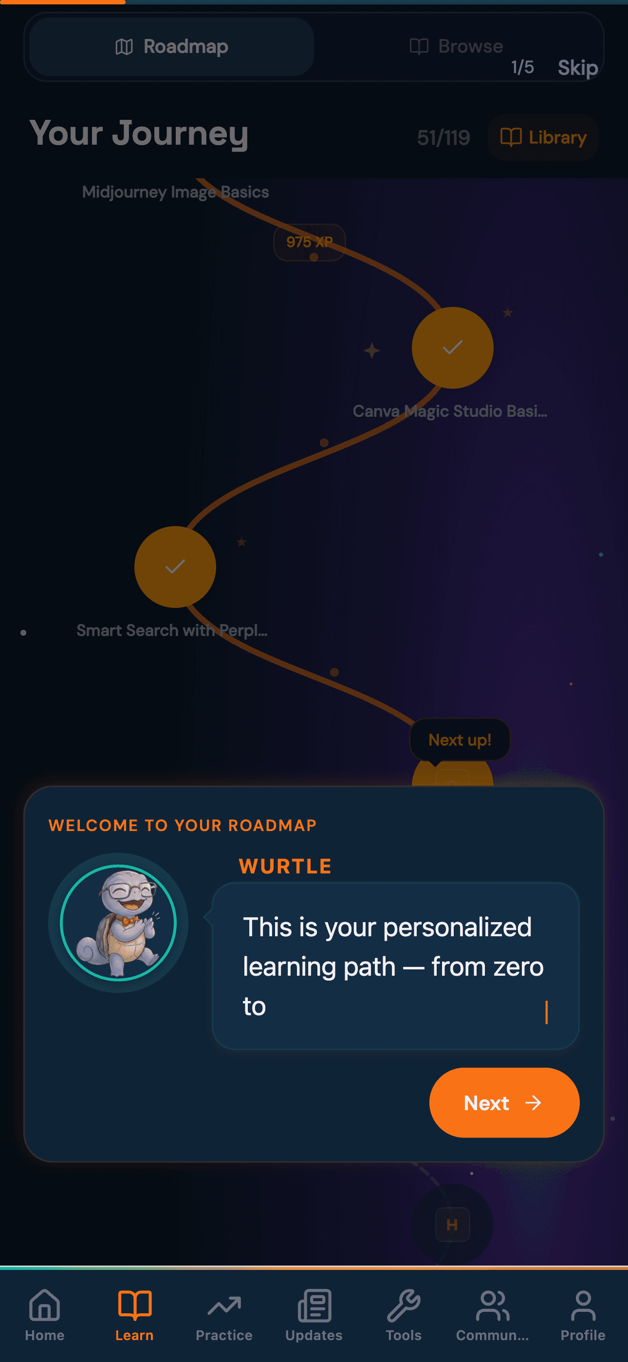 WiseAI Learn — interactive micro-lessons with quizzes and challenges