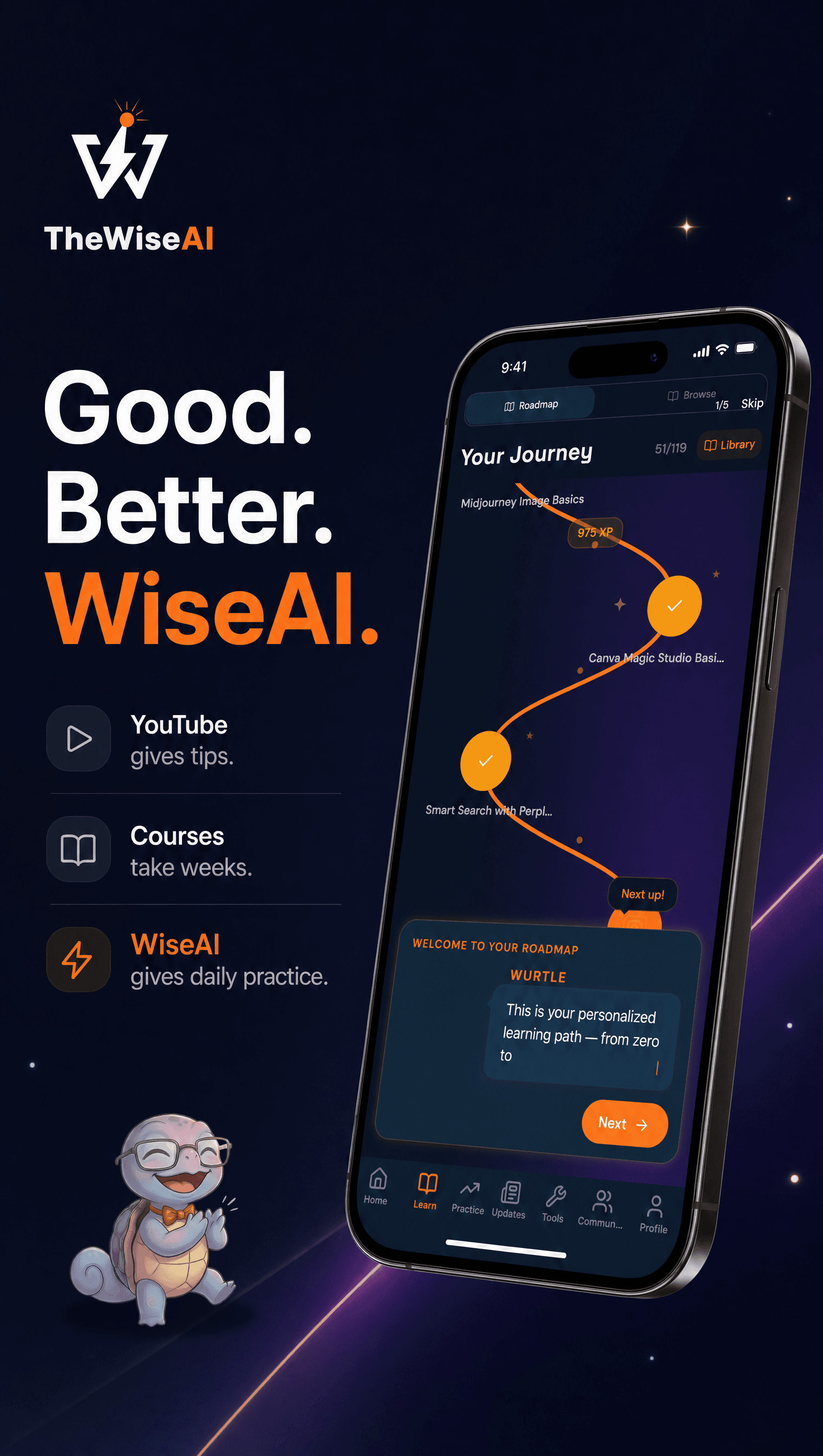 WiseAI learning roadmap — a personalized journey from zero to AI-fluent, guided by Wurtle