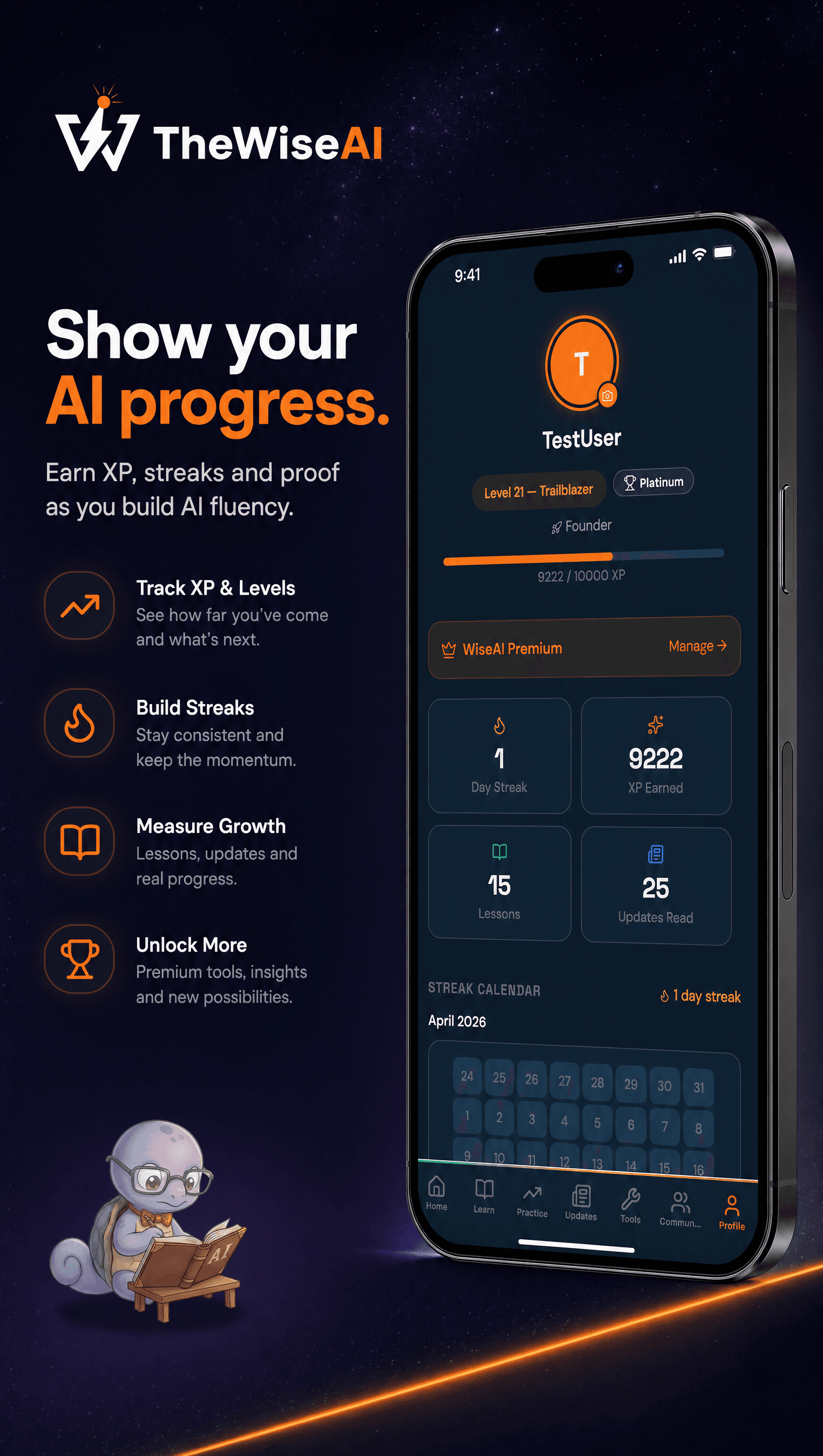WiseAI Profile — show your AI progress with XP, streaks, and a full activity calendar
